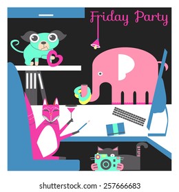 Animals Enjoy Friday Party after Work at the Office