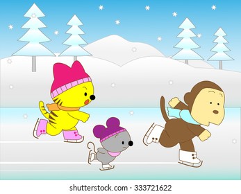 Animals enjoying ice skating