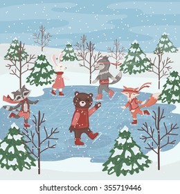 Animals enjoying ice skating.