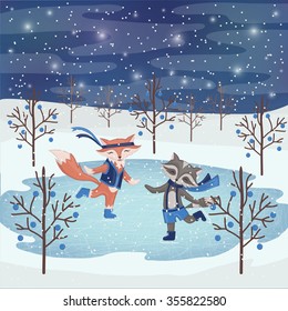 Animals enjoying ice skating at evening. Vector illustration.