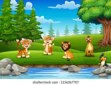 Animals are enjoying nature by the river