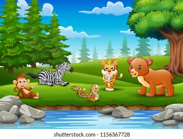 The animals are enjoying nature by the river