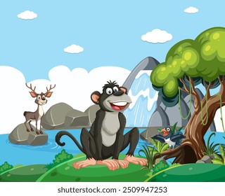 Animals enjoying nature near a waterfall