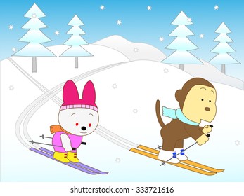 Animals enjoying skiing