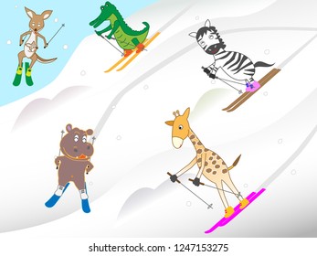 The animals are enjoying skiing. Title frame and background material.