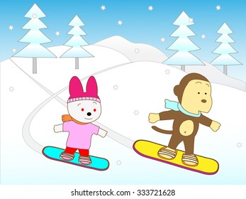 Animals enjoying snowboarding