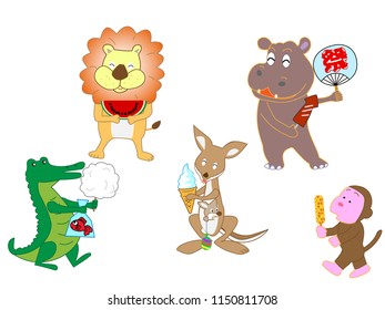 Animals enjoying the summer festival. They are eating the food they sell at the festival. The meaning of Japanese fonts is festival.
