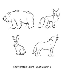Animals of Europe set. Wolf, fox, bear, rabbit isolated. Black and white. Vector art illustration. Wildlife mammals. Nature objects. Vintage engraving.