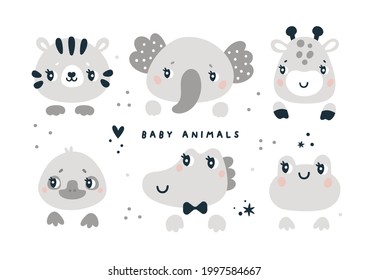 Animals face collection in cartoon style isolated on white background. Tiger, elephant, crocodile, giraffe, frog, platypus. Baby animals for baby shower party or nursery, kids prints. 