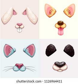 Animals face items. Dog, rabbit, cat, panda ears and nose details. Fun vector assets for your photo equipment.