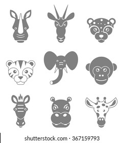 Animals face set. Black isolated silhouettes. Vector illustration.