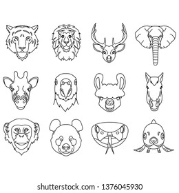 Animals face set icons for design. Tiger, Lion, Deer, Elephant, Giraffe, Parrot, Lama, Horse, Monkey, Panda, Snake, Fish. -Vector