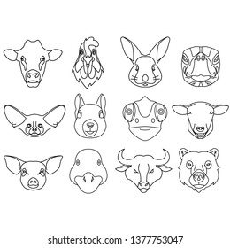Animals face set icons for design. Cow, Chicken, Rabbit, Turtle, Fox, Chameleon, Sheep, Pig, Duck, Panda, Bull, Bear. 