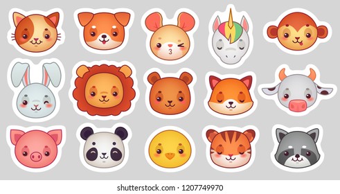 Animals face stickers. Cute animal faces, kawaii funny emoji sticker or avatar. Cartoon comic cat, dog and unicorn character doodle emotion wildlife vector illustration isolated icons set