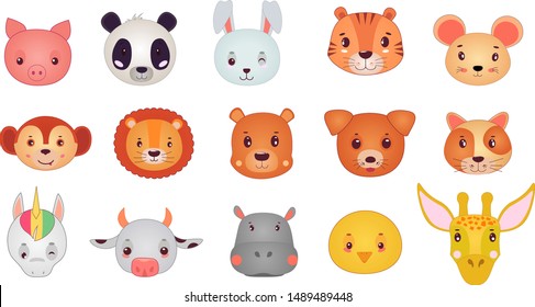 Animals face stickers. Cute animal faces, kawaii funny emoji sticker or avata