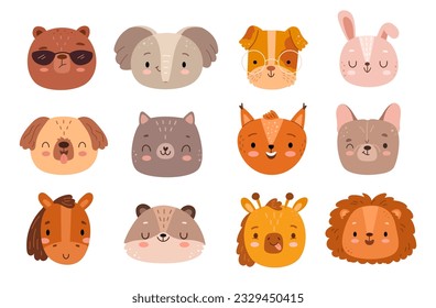 Animals face stickers. Cute animal kawaii funny emoji or avatar of bear, elephant and dog, rabbit and cat, raccoon, horse, lion and squirrel. Cartoon comic kitten and puppy, character doodle emotion