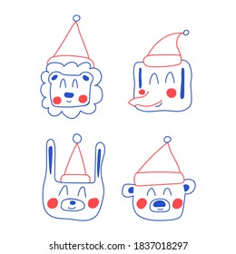 Animals faces with Christmas hats. Vector outline illustration. Best for greeting cards design.