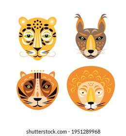Animals faces. Feline animals portraits. Zoo collection. Leopard, lynx, lion and tiger