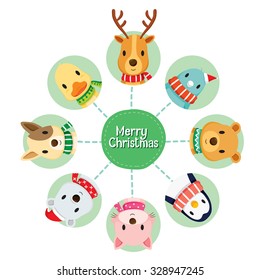 Animals Faces With Neckerchief In Circle Set, Merry Christmas, Xmas, Happy New Year, Objects, Festive, Celebrations