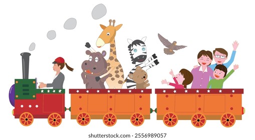 Animals and family enjoying a steam locomotive ride.