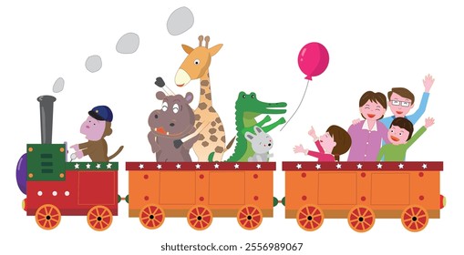 Animals and family enjoying a steam locomotive ride.