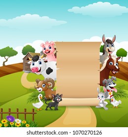 Animals farm with a blank sign paper roll up 