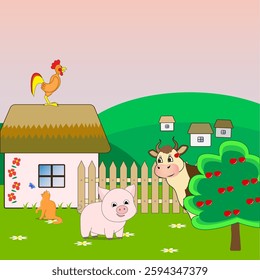 Animals farm with cartoon style. Pig, cow rooster and cat on a farm.  EPS 10