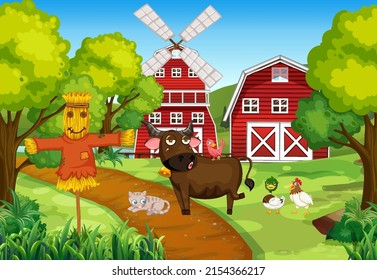 Animals in farm landscape illustration