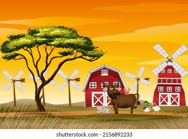 Animals in farm landscape illustration