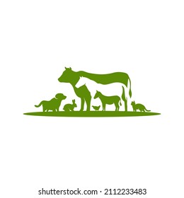 Animals Farm Logo Vector Stock Illustration, Cat, Dog, Cow, Chicken, Horse, In The Field