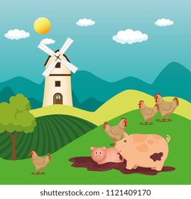 animals in the farm scene