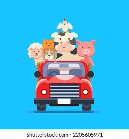 animals farm vector, cute farm animal illustration on red farm car. isolated in blue background