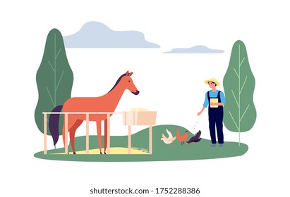 Animals farming. Man, corral horse hens. Flat farmer feed birds. Agricultural worker with chicken and pony vector illustration