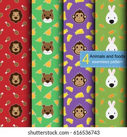 Animals and its favorite food seamless pattern set vector design.