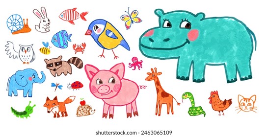 Animals felt pen hand drawn vector illustrations set of child drawings