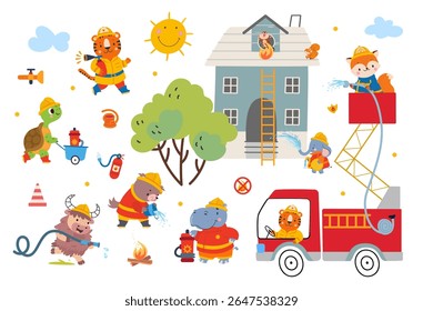 Bombeiros de animais. Engraçado bombeiros de animais extinguir chama e resgatar personagens de queimar casa. Caminhão de bombeiros, casa de rega da mangueira de emergência, cena vetorial de hoje