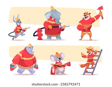 Animals firefighters. Rescue funny characters in action poses exact vector firefighters in zoo