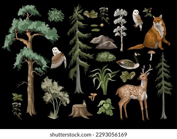 Animals, firs and trees isolated. Vector