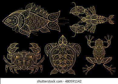 Animals. Fish, lobster, crab, sea turtle, frog. Set of vector stylized image. Gold foil print on black background.