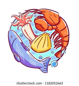 Animals (fish shell shrimp and squid )in the sea world