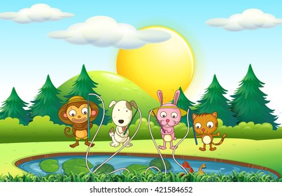 Animals fishing in the pond illustration