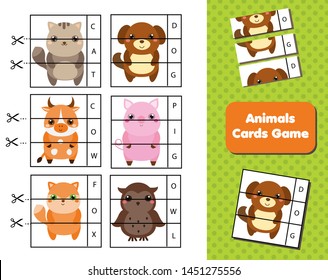 Animals Flash Cards. Words And Vocabulary Educational Children Game. Learning Material For Kids And Toddlers