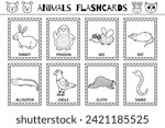 Animals flashcards black and white collection for kids. Flash cards set with cute characters for coloring in outline. Rabbit, penguin, fly and more. Vector illustration
