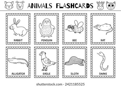 Animals flashcards black and white collection for kids. Flash cards set with cute characters for coloring in outline. Rabbit, penguin, fly and more. Vector illustration