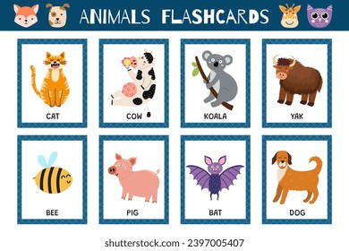 Animals flashcards collection for kids. Flash cards set with cute characters for practicing reading skills. Cat, dog, cow, bee and more. Vector illustration
