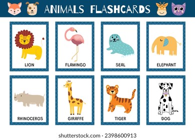 Animals flashcards collection for kids. Flash cards set with cute characters for practicing reading skills. Lion, flamingo, elephant and more. Vector illustration