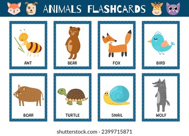 Animals flashcards collection for kids. Flash cards set with cute characters for practicing reading skills. Bear, ant, fox and more. Vector illustration