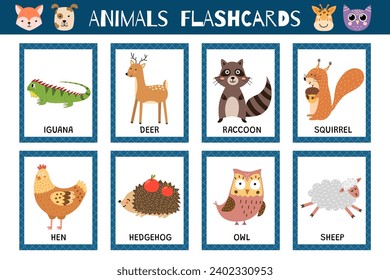 Animals flashcards collection for kids. Flash cards set with cute characters for practicing reading skills. Iguana, hedgehog, hen and more. Vector illustration