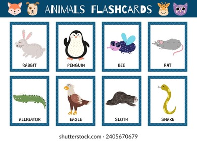 Animals flashcards collection for kids. Flash cards set with cute characters for practicing reading skills. Rabbit, penguin, fly and more. Vector illustration