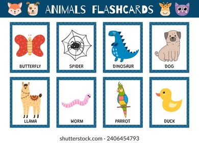 Animals flashcards collection for kids. Flash cards set with cute characters for practicing reading skills. Dog, llama, worm and more. Vector illustration